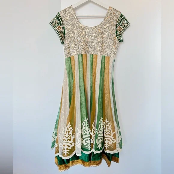 Indian Gold and Green embroidered Dress. Medium.